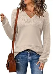 [Zeagoo] Womens 2024 Sweaters Casual Long Sleeve V Neck Lightweight Crochet Pullover Sweater Tops