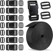 Nylon Heavy Webbing Straps 5M x 25mm Black Backpack Chest Strap 8 Sets Flat Side Release Buckles and Tri-Glide Slides Clip Wide Nylon Webbing for DIY Bags Backpack Cargo Strapping, Black, m