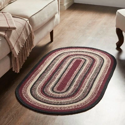 Connell Jute Oval Braided Area Rug 27x48 W/ Pad Country Primitive Burgundy Black