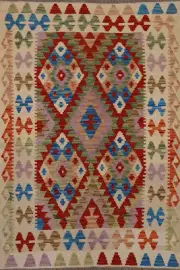 Red Geometric Kilim Rugs Wool Traditional Kelim Carpets 3x5 ft