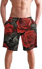 [XYMZR] Men's Swim Trunks Black Red Roses Quick-Dry Bathing Suit Swimming Board Shorts S