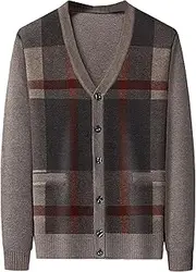 [SWJGLITTR] Men V Neck Sweater Cardigan Buttons Argyle Pattern Mens Cardigans Wool Blend Cable Knit Sweaters Jacket, A4camelcolor, Large