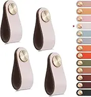 4 Pack Leather Drawer Pulls Cream Cabinet Handles Single Hole Dresser Knobs Cabinet Door Handle, Leather Pulls for Dresser, Closet, Kitchen Cupboard (Single Hole, Cream) L072-FT