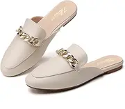 [Tilocow] Chunky Metal Chain Decor Mules Slip on Loafers for Women Round Toe Flats Slides Backless Mules