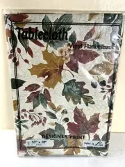VTG Vinyl Flannelback Oval Autumn Tablecloth Designer Print Leaves 70" Cottage