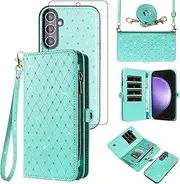 [Asuwish] Phone Case for Samsung Galaxy S23 FE 5G Zipper Wallet Detachable Cell Cover with Tempered Glass Screen Protector Crossbody Strap Glitter Flip Card Holder Slot S 23 EF S23FE 23S Women Men Teal