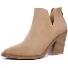 mysoft Women's Ankle Boots Slip on Cutout Pointed Toe Chunky Stacked Mid Heel