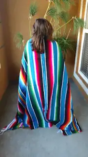 Mexican Serape Blanket light Blue Multi Color Rainbow Southwest White Fringe XL