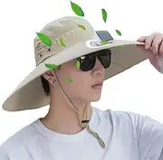 [KUMADAI] Solar Powered Fan Hat Sunhat Cooling Bucket Hats for Men Fan Wide Brim Hat Cooling Sun Shade Hat for Fishing Hiking,Khaki,Men~M, Khaki