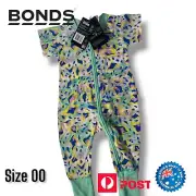 Bonds Zippy Wondersuit Size 00 (3-6 Months) Blue Short Sleeve With Leopard Print