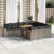 11 Piece Garden Sofa Set with Cushions Grey Poly Rattan Acacia Patio Bar Sets