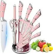 Kitchen Knife Set, 9 Piece Pink Chef Knife Set with Acrylic Block, Stainless Steel Knife Set with Rose 2x1x1 Inch