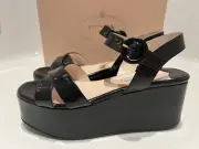 PRADA 7.5 38.5 Black Brushed Leather Platform Wedge Sandals Criss Cross Open Toe