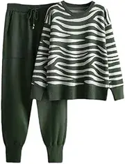 [Generic] Women O-Neck Stripe Long Sleeve Knit Pullover Tops And High Waist Harem Pants Outfits Fashion Tracksuits Lounge Set