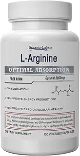 Superior Labs – Pure L-Arginine – Free Form – Optimal 3,000mg Dosage – 150 Vegetable Capsules – Supports Vasodilation, Energy Production and Cardiovascular Health