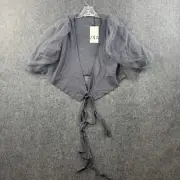 Zara Organza Wrap Blouse Women's Large Gray Front Tie Cardigan Bow
