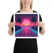 Vaporwave Neon Sunset Framed Poster 80s Aesthetic Palm Trees, Retro Art