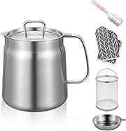 VBNZBK Bacon Grease Container with Strainer, Stainless Steel Oil Filter Pot with Filter Basket and Mesh, 2L Dust-Proof Lid and Non-Slip Tray with Handle for Storing, Frying, and Cooking Grease