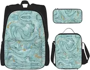 [JBYJBX] Azurite Teal And Foil Gold Oil Marble Pattern Print School Backpack Adjustable Shoulder Straps,Lunch Bag Pencil Case 3-In-1 Set Bag