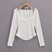Long-Sleeve Scoop Neck Plain Mock Two Piece T-Shirt White - S