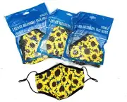 3 PACK ADULT 3 LAYER WASHABLE CLOTH ADJUSTABLE FACE MASK SUNFLOWERS FREE SHIP