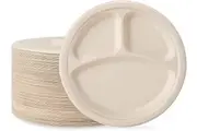 600pcs Disposable Sugarcane Bagasse 3-Compartment Paper Plates 26cm Bulk