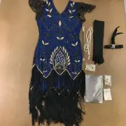 Women's Medium Blue Gold Sequin Fringe Flapper Dress & Accessories 9 Pieces New