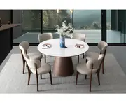 Yodie Ceramic Round Dining Table (set A)/Solid Timber Base/with 2 or 4 or 6 Dining Chairs - 1.5M, With Lazy Susan, 6 chairs