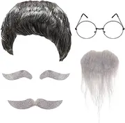 Old Man Wig Mustache Set Old Man Costume Kit Grandpa Costume Accessories Grey Wig Fake Beard Eyebrows Glasses for Men Adults Teens for Halloween 100th Day of School