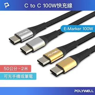 POLYWELL USB Type-C 100W 公對公快充線 充電線 編織線 可充筆電 安卓 平板 寶利威爾 台灣現貨