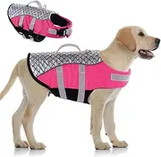Queenmore Dog Life Jacket High Floatation Pet Life Vest Refelective Cute Fish Scale for Swimming, Boating, Canoeing for Small Medium Dogs Pink, L