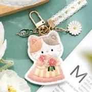 Animal Keyring DIY Embroidery Kit (various designs) (Chinese instruction only) 03 - Cat - Gray & White & Pink - One Size