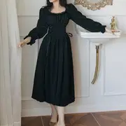 Long-Sleeve Lace-Up Midi A-Line Dress Black - L