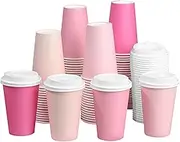 Purhapfre 40 Pcs 12 oz Pink Disposable Coffee Cups with Lids Hot Pink Light Pink Gradient Paper Cups for Hot and Cold Beverage Water Juice Coffee Tea Party Wedding Bride Shower Supplies …