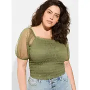 Torrid NEW Olive Green Polka Dot Mesh Smocked Sheer-Sleeve Peasant Crop Top 3X