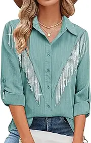 MYMORE Womens Rhinestone Fringe Button Down Shirt Rolled 3/4 Sleeve Sparkly Top Concert Nashville Western Cowgirl Outfit
