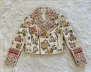 Alice + Olivia New Cody Embellished Moto Leather Jacket Floral White Medium