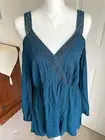 NWT Torrid Size 0 12 Teal Cold Shoulder Peplum Lace Trim Peasant Top