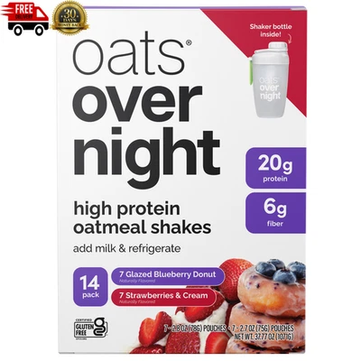 Oats Overnight Protein Shake, Blueberry Donut and Strawberries & Cream, 14-Pack.