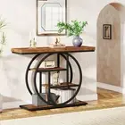 Industrial 4-Tier Console Table w/Circle Base Narrow Wood Entryway Shelf Storage
