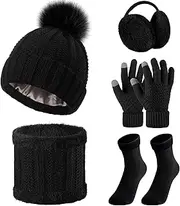 [SATINIOR] 5 Pcs Winter Hat Scarf Gloves Set Knit Beanie Pompom Hat Warm Touch Screen Gloves Earmuff Warmer Stocking for Women