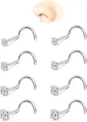 [GingYing] Nose Rings Studs: 8Pcs 20G 316L Surgical Steel Nose Studs Hypoallergenic Corkscrew Nose Piercing Stud Jewelry for Women Men Silver Cubic Zirconia Imitation Diamond 1.5mm 2mm 2.5mm 3mm