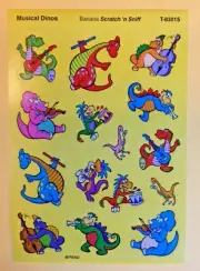 TREND Scratch & Sniff Stinky Sticker Sheet Die Cut Musical Dinos BANANA Scent