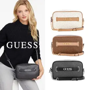 【GUESS】滿版印花LOGO配飾拉鍊斜背包(三色任選)