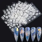 Snowflake Nail Art Sticker Decals Christmas 5D Embossed French White Snowflake Nail Art Accessories Self-adhesive Nail Art Supplies Decoration Snowflakes Lattice Elk Classic Autumn Winter Acrylic