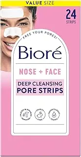 Bioré Nose+Face Blackhead Remover Pore Strips, 12 Nose + 12 Face Strips for Chin or Forehead, Deep Cleansing with Instant Blackhead Removal and Pore Unclogging, Non-Comedogenic Use, 24 Ct Value Size