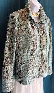 NWT DIALOGUE Aqua Animal Print Faux Suede Zip Up Jacket Sz S Zip Pockets & Cuffs