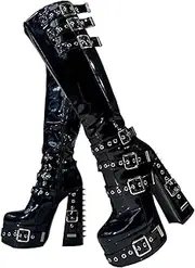 [Frankie Hsu] Gothic Sexy Thick Platform Boots Knee High Heels, Black Patent Silver Rivets Multi Buckle Gothic, Punk Y2K Hot Girl Big Size Wide Calf Shoes for Women Men