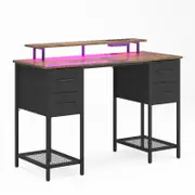 Advwin 120cm Gaming Desk with LED Lights & Power Outlets Monitor Stand Computer Desk Walnut