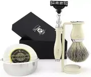 Mens Shaving Kit 3 Edge Blades Razor Badger Hair Brush Stand Soap - Perfect Gift